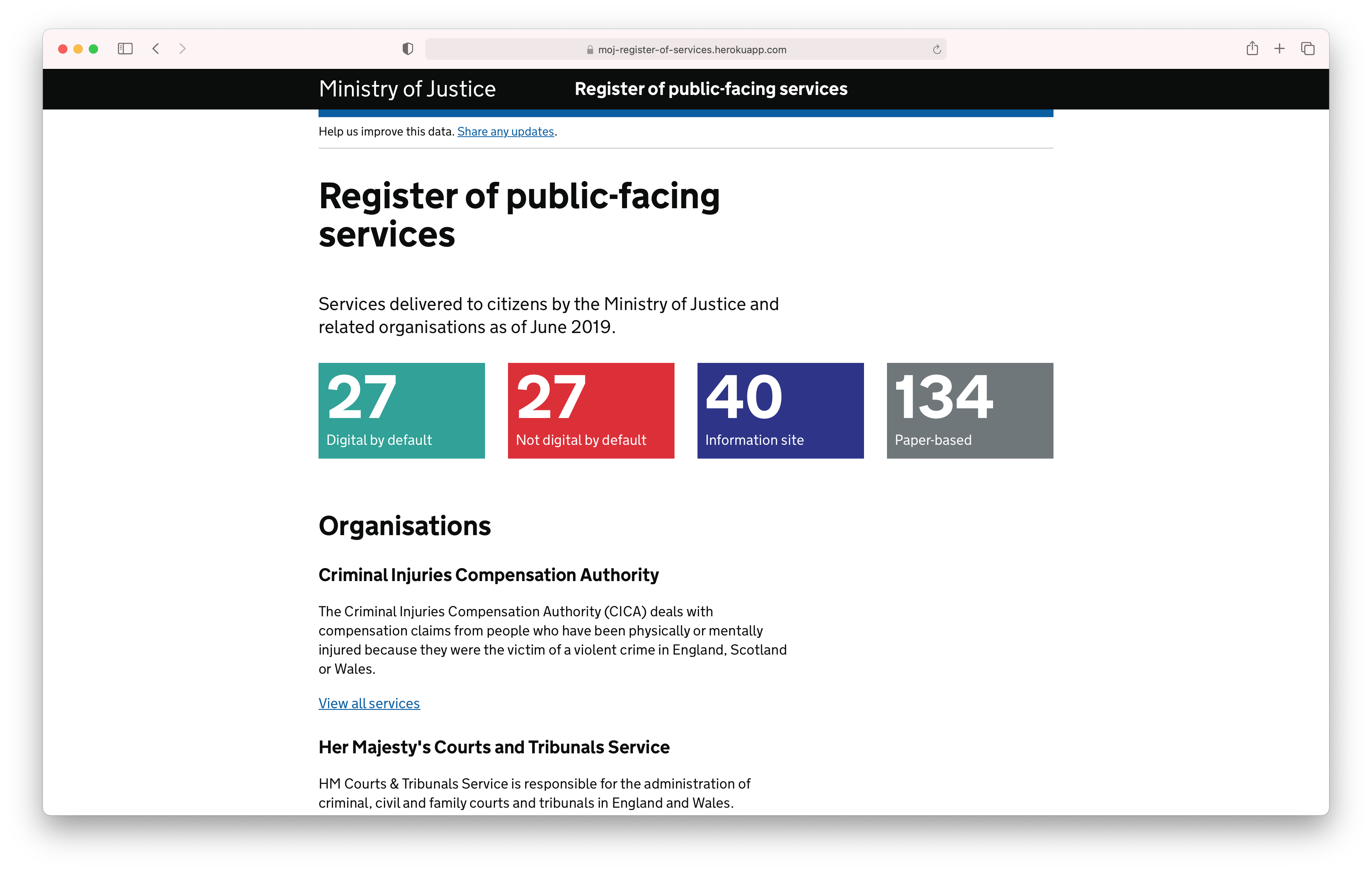 Screenshot of the MoJ register of public-facing services website.