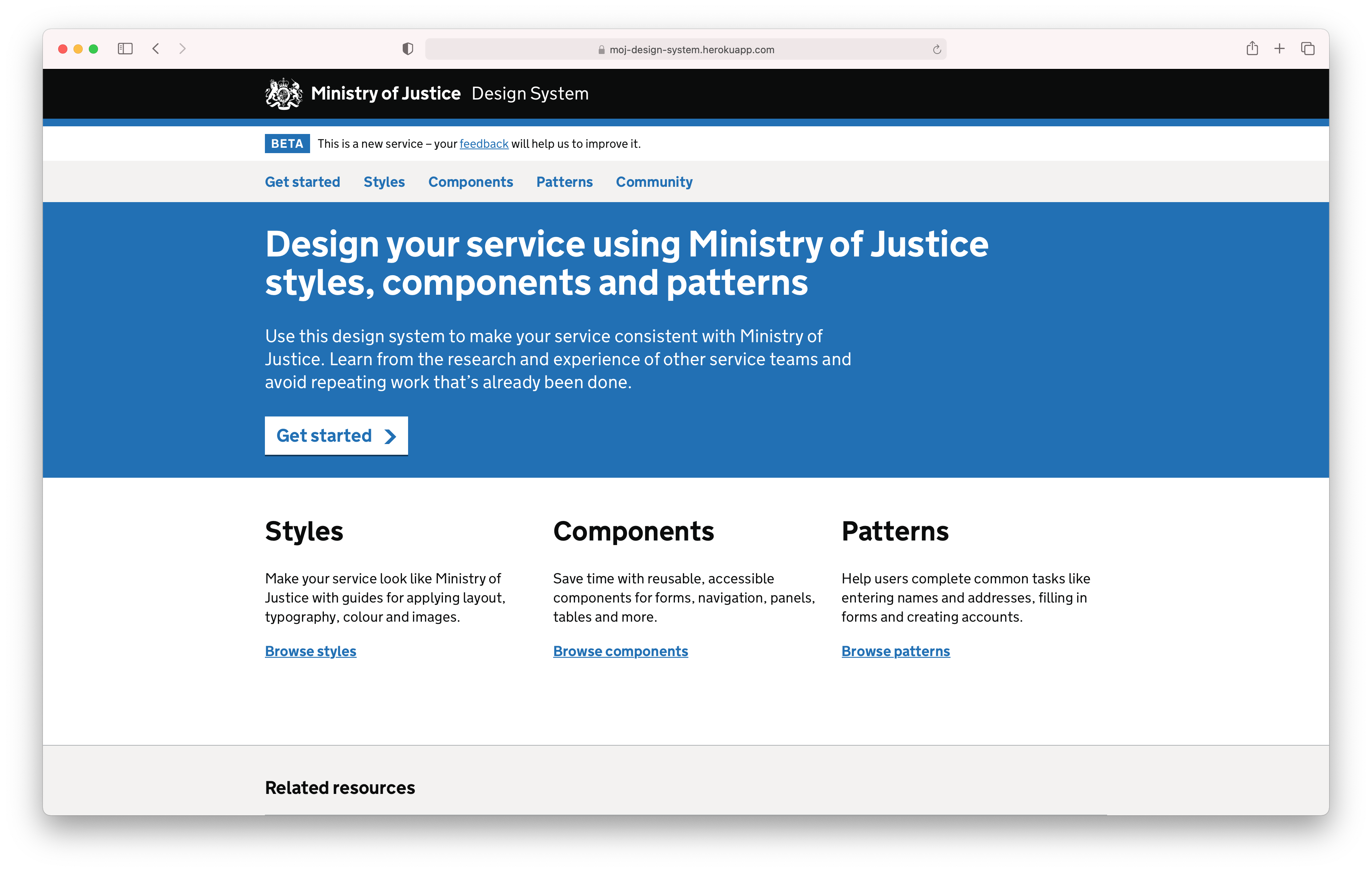 Screenshot of the MoJ Design System website.